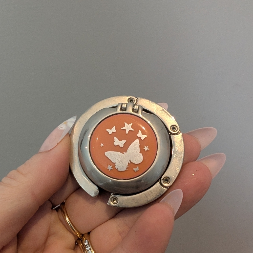 Foldable Purse Hook with Orange Butterfly Accent Compact Mirror